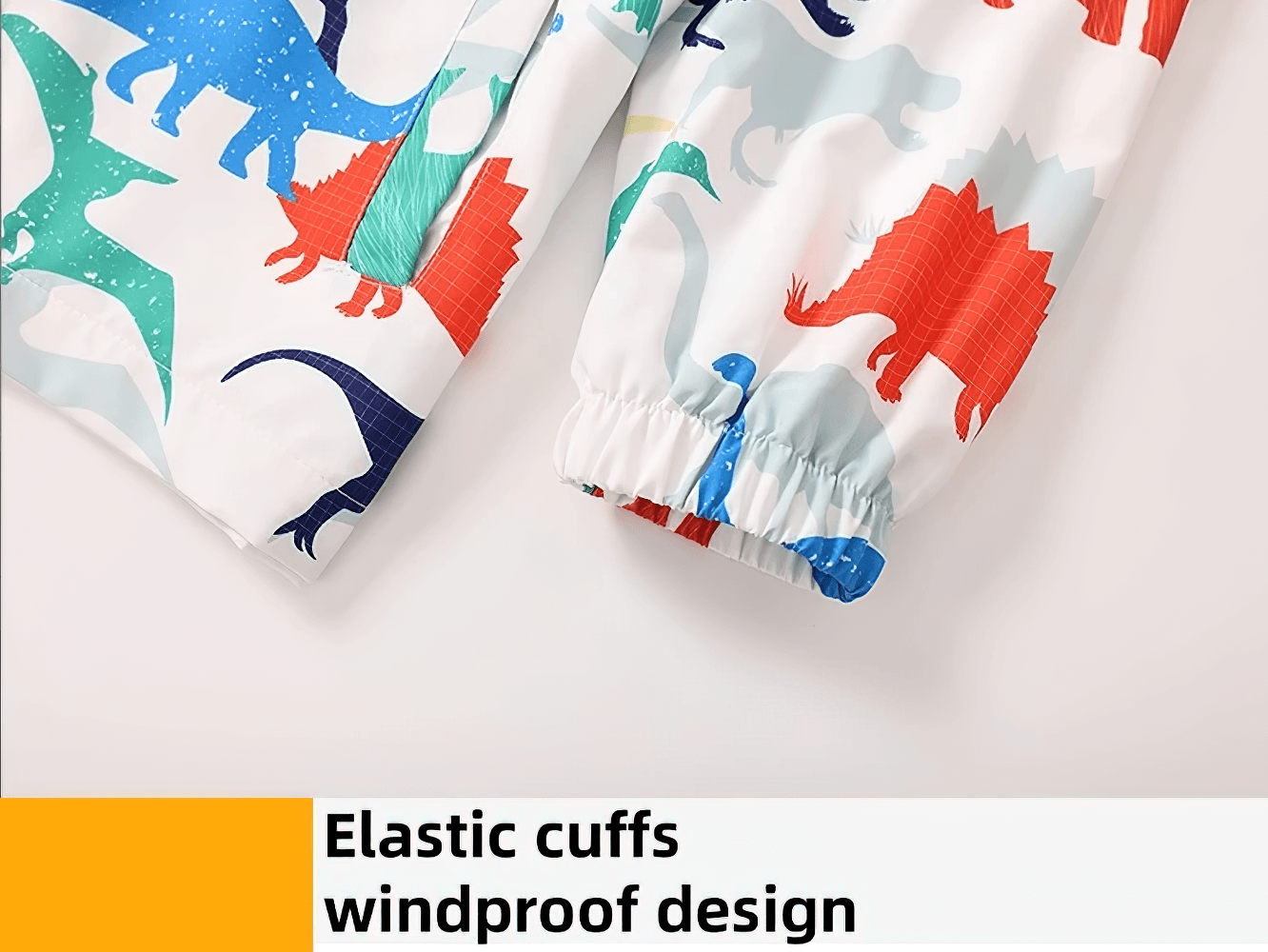 Colorful Windbreaker with Hood and Long Sleeves - SF3831 featuring elastic cuffs and colorful dinosaur print, windproof design shown