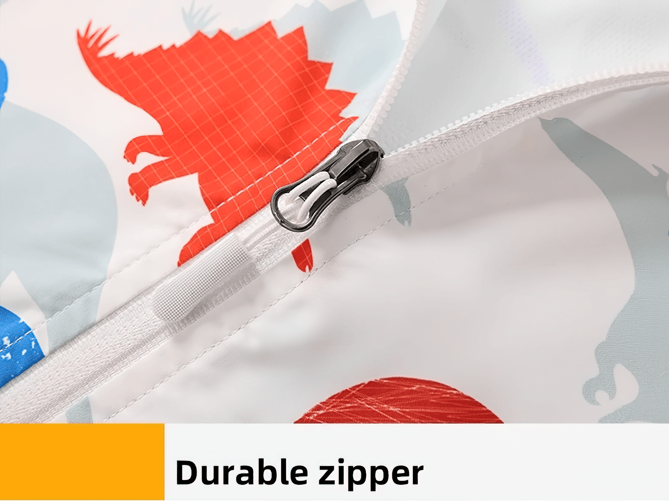 Close-up of the durable zipper on the Colorful Windbreaker with Hood and Long Sleeves - SF3831, featuring vibrant patterns.