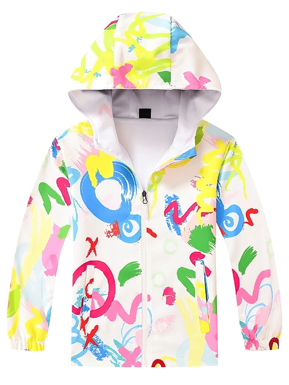 Colorful Windbreaker with Hood and Long Sleeves - SF3831; vibrant girls' jacket with playful, colorful designs, hood, and long sleeves.