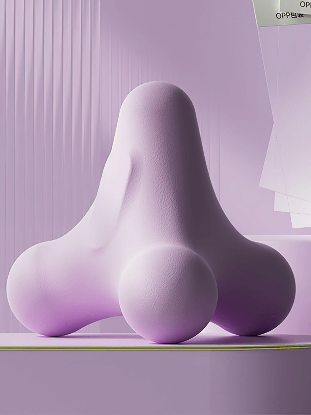 Modern purple abstract sculpture with rounded shapes, set against a minimalist pink and white background.