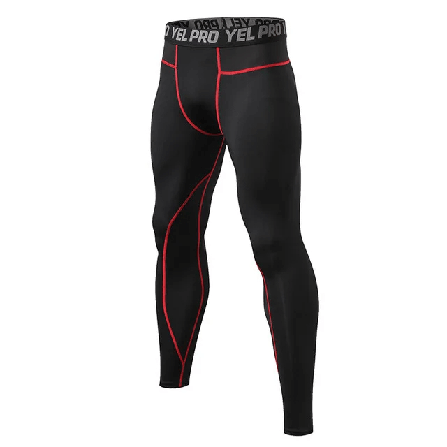 Black compression tights with red stitch pattern for men, designed for running and performance. Made from polyester and spandex blend for flexibility.