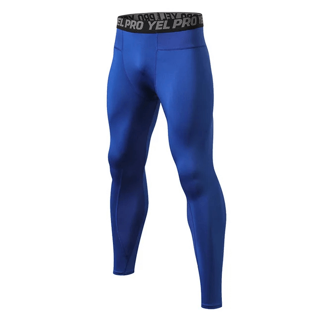 Blue men's compression running tights, quick-dry and elastic. Ideal for agility, muscle recovery, and peak performance in running.
