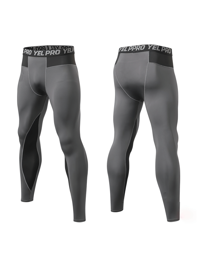Gray men's compression performance running tights with dynamic patchwork pattern, showcasing a flexible, tight fit for agility and speed.