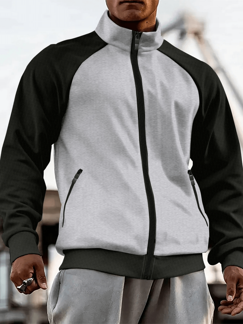 Contrast Color Stand Collar Jacket with Pockets - SF4643 model wearing with raglan sleeves and zipper pockets