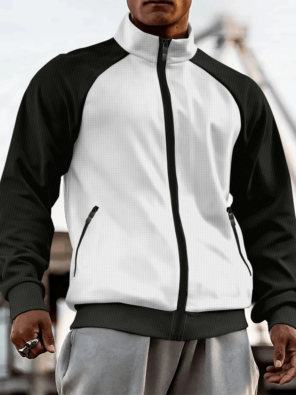Contrast Color Stand Collar Jacket with Pockets - SF4643 in a stylish black and white design with zipper pockets.