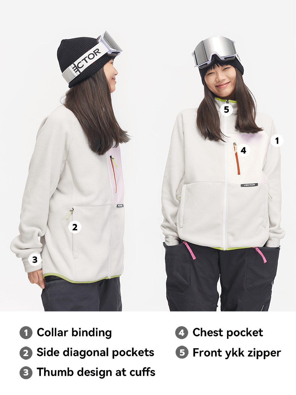 Two women in white ski fleece jackets with collar binding, side diagonal pockets, and chest pocket, wearing snowboard helmets.