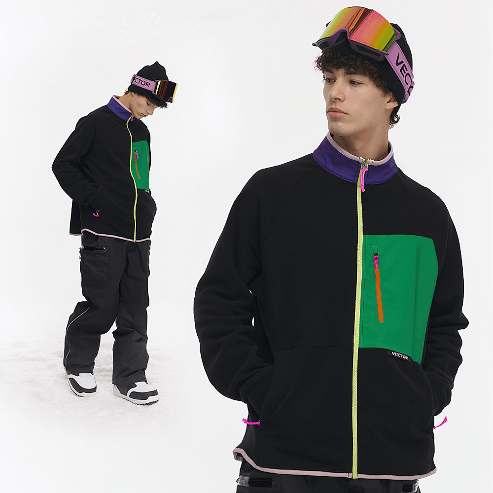 Contrast full-zip fleece jacket for skiing SF2500 with vibrant color block design and zip pocket, perfect outdoor polyester mid-layer.