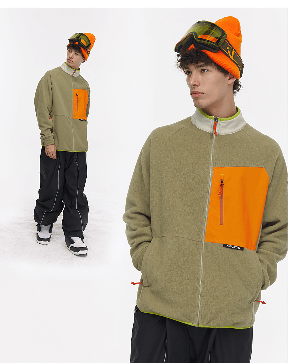 Model wearing the Contrast Full-Zip Fleece Jacket for skiing in olive and orange color block design with zip pocket.