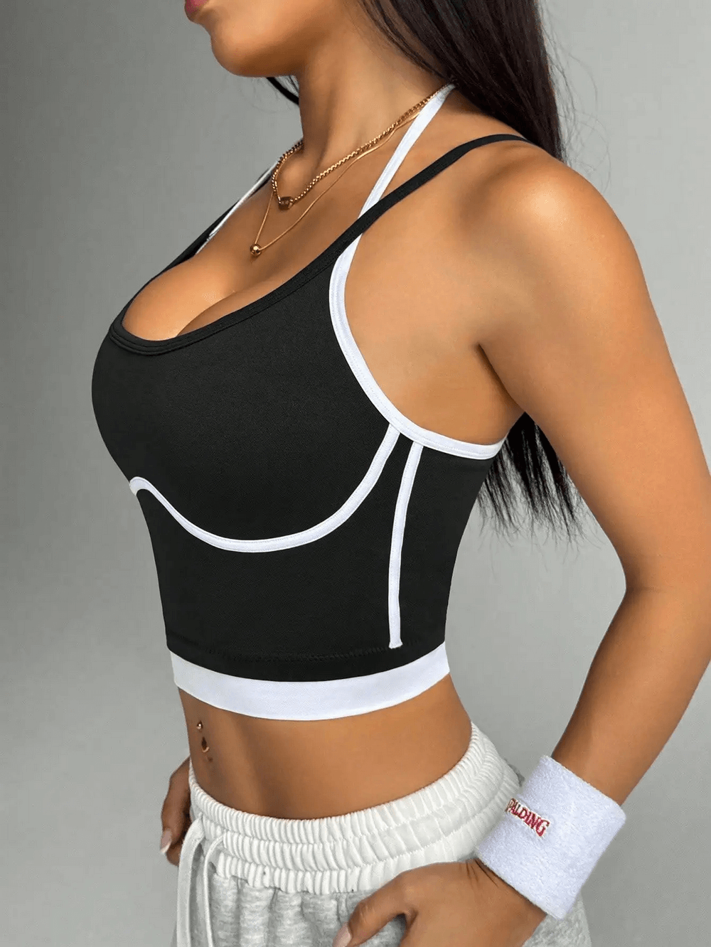 Contrast Trim Racerback Sports Bra Crop Top - SF4001 with sleek halter back strap and white trim, perfect for gym or yoga.