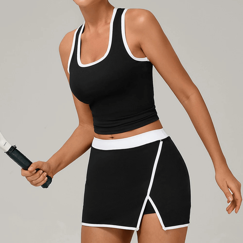 Alt Tag: Contrast Trim Tennis Tank and Skort Set - SF4504 womens black contrast-trim tank and mini skort activewear set