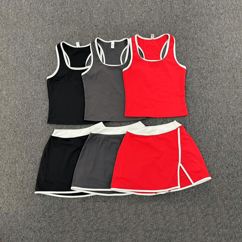 Contrast Trim Tennis Tank and Skort Set - SF4504 women’s two-piece activewear set with fitted tank and mini skort in black, gray, red