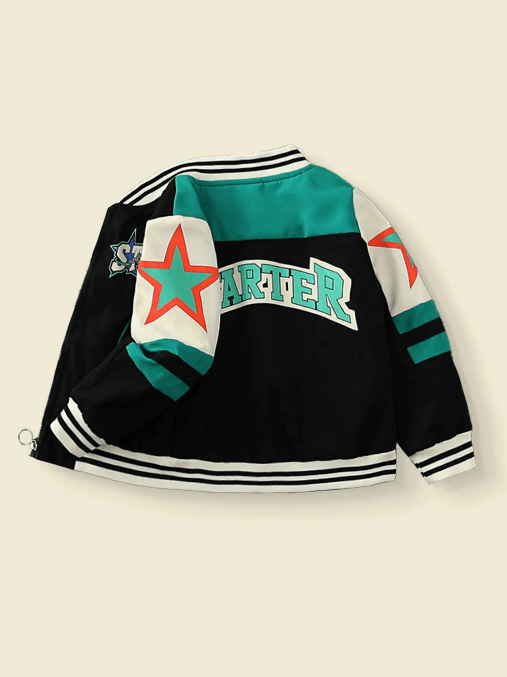 Kids contrast varsity jacket SF3119 with bold 'STARTER' lettering and star print, sporty color-block design for casual outings.