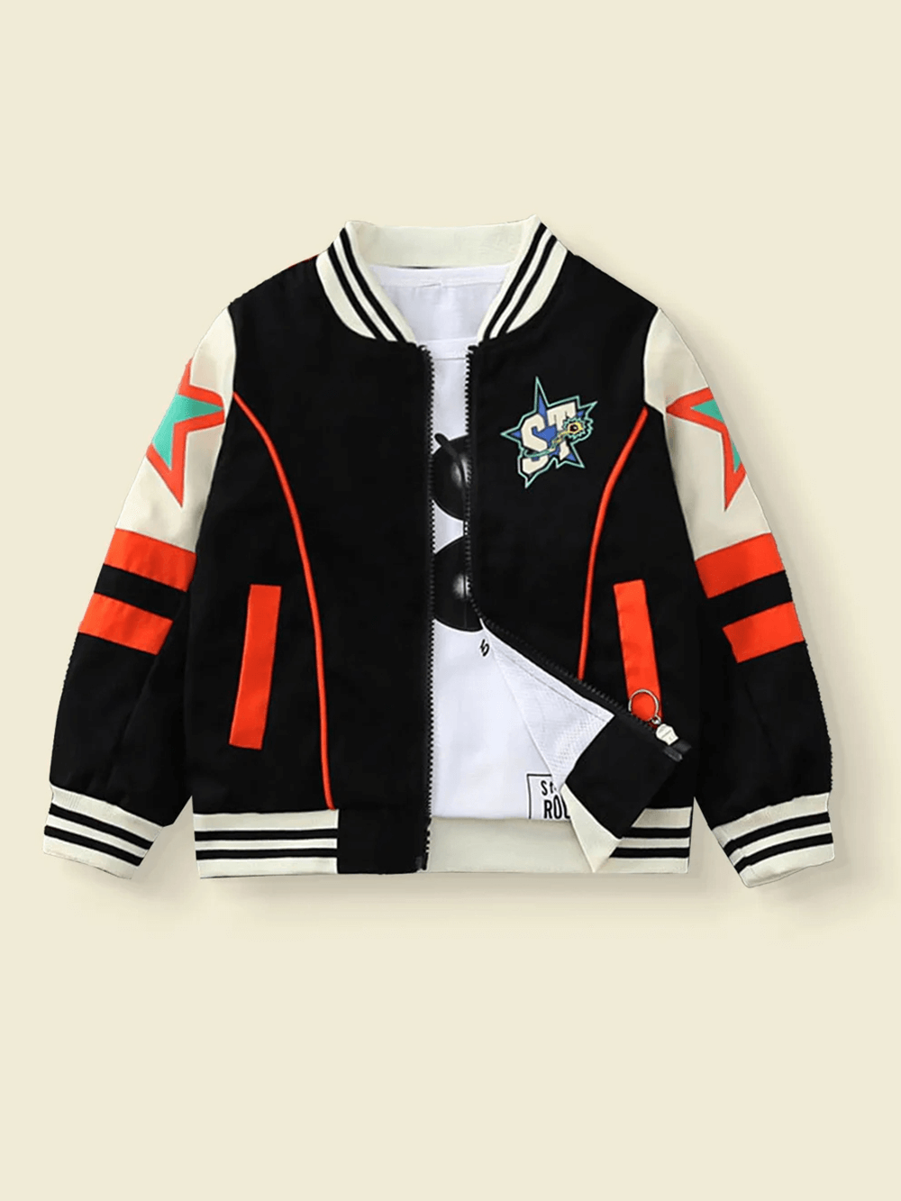 Trendy kids varsity jacket with star print and "STARTER" lettering, color-blocked design, perfect for casual outings and adventures.