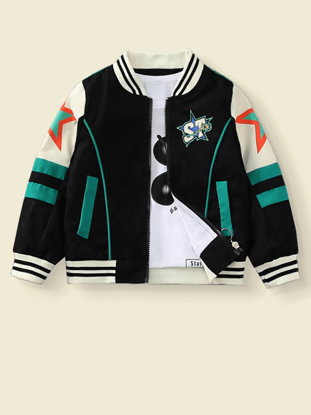 Stylish kids varsity jacket with star print and sporty design, featuring "STARTER" lettering and bold color blocks for energetic flair.