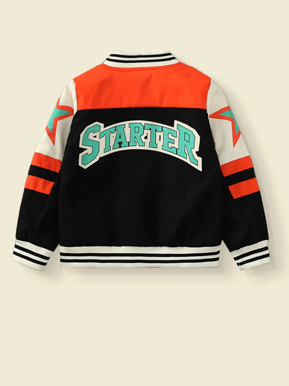 Trendy kids varsity jacket with star print and bold 'STARTER' lettering, perfect for school and casual outings. Product code: SF3119.