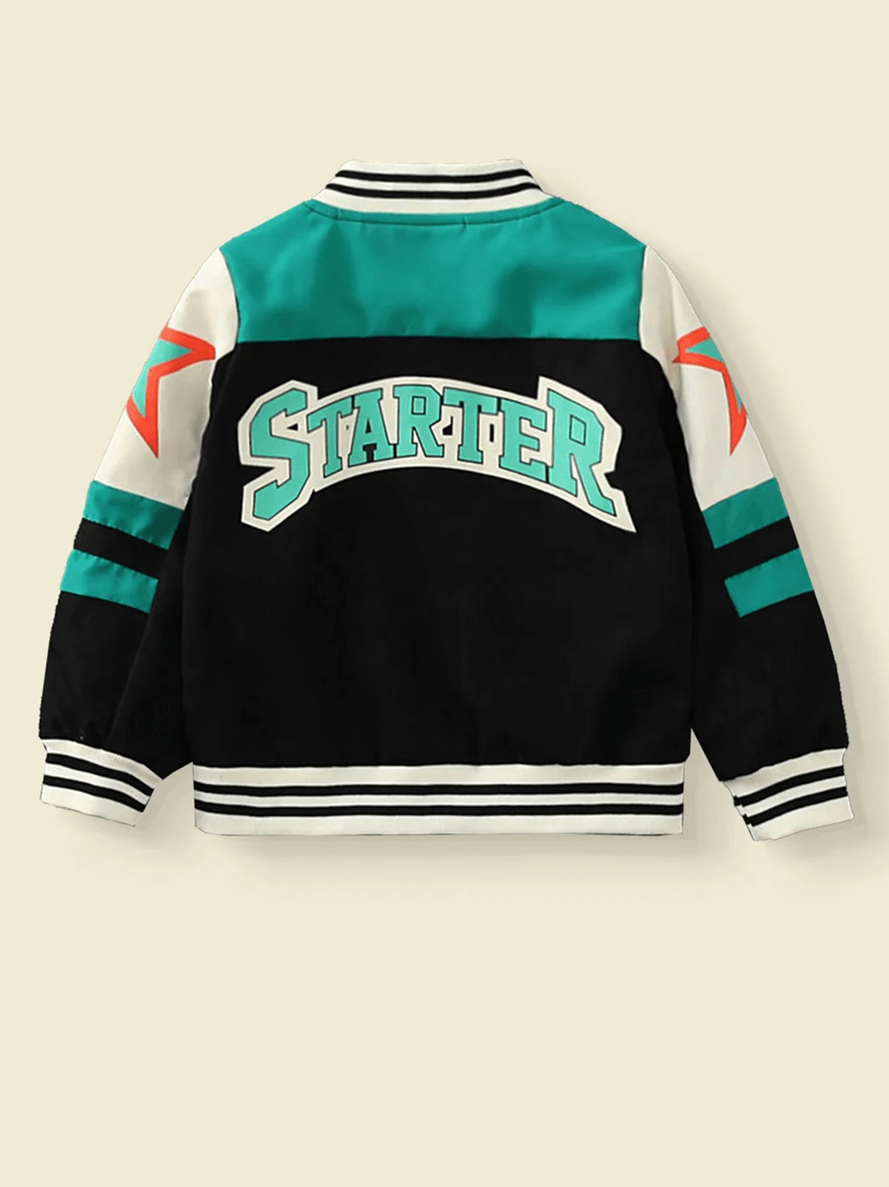 Kids varsity jacket with bold "STARTER" logo and star prints on sleeves, color-blocked design, perfect for cool casual outfits.