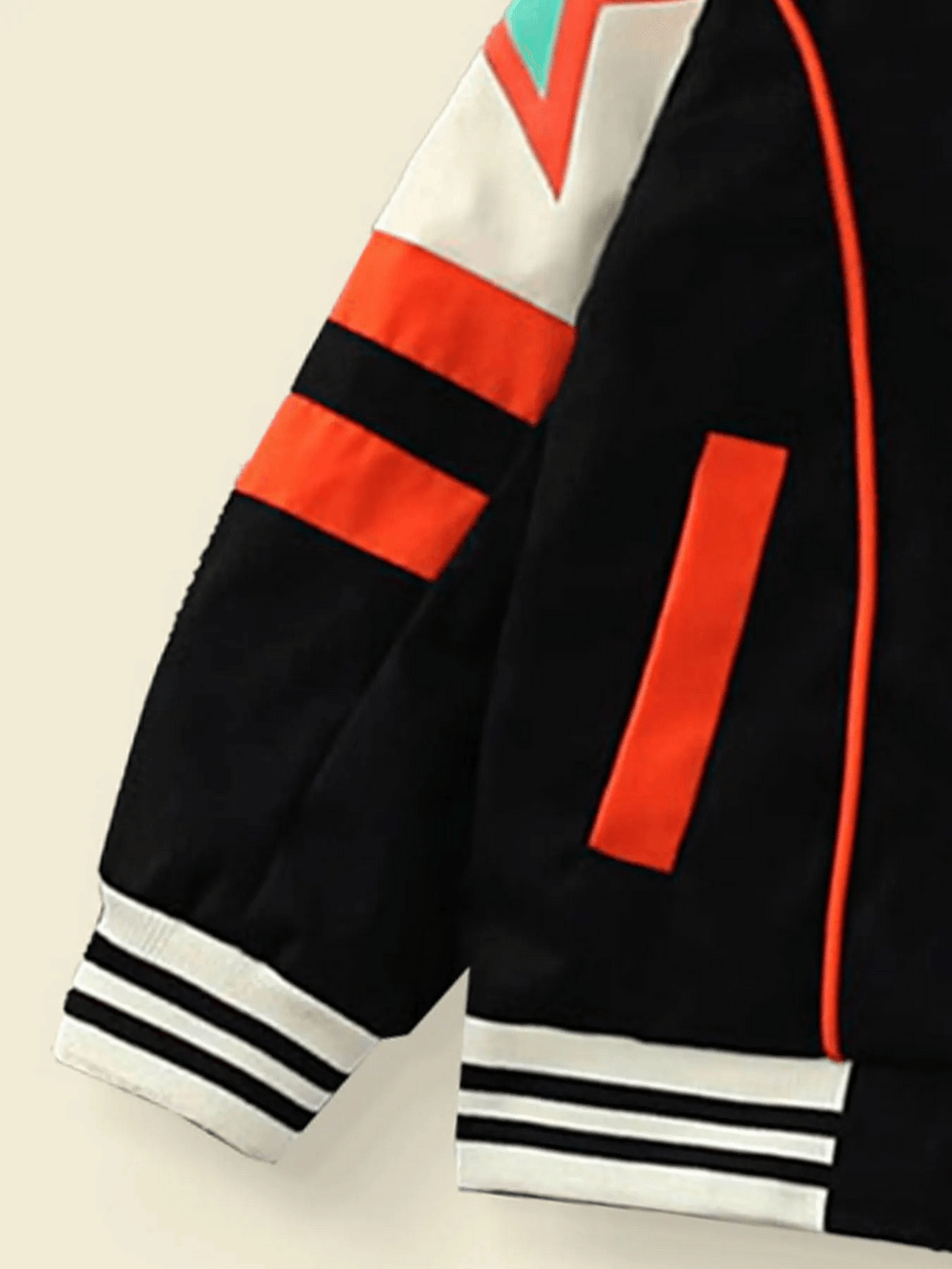 Close-up of kids contrast varsity jacket SF3119 with vibrant star print and sporty stripes, perfect for trendy and energetic style.