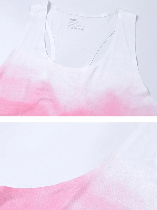 White and pink breathable gym tank top for men, SF1712, with round neck and sleeveless design.