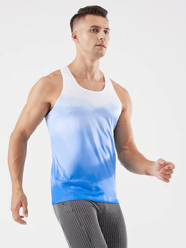 Man wearing Cool Breathable Tight Gym Tank Top for Men in blue and white, perfect for workouts and sports, model SF1712.