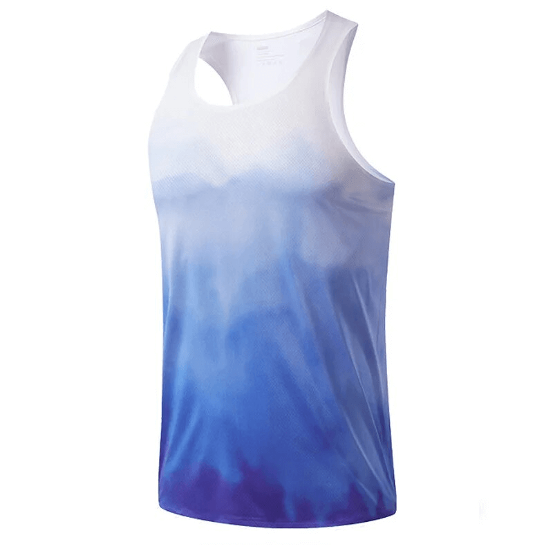 Men's cool breathable tight gym tank top in blue gradient with round neck and sleeveless design for optimal workout comfort.