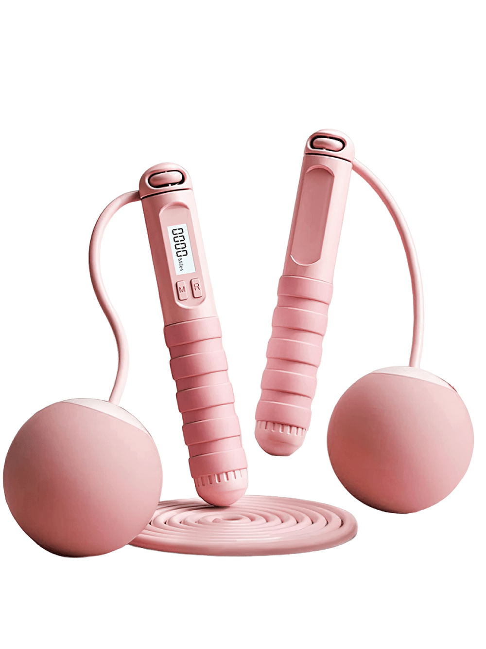 Pink cordless jump rope with calorie counter display, ergonomic handles, and weighted balls for indoor fitness and cardio - SF3195.
