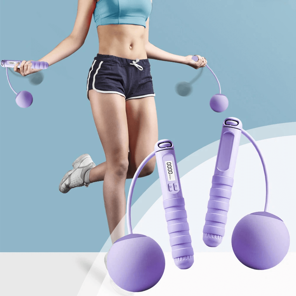 Woman exercising with cordless jump rope, featuring digital calorie counter and ergonomic handles for indoor cardio workouts.