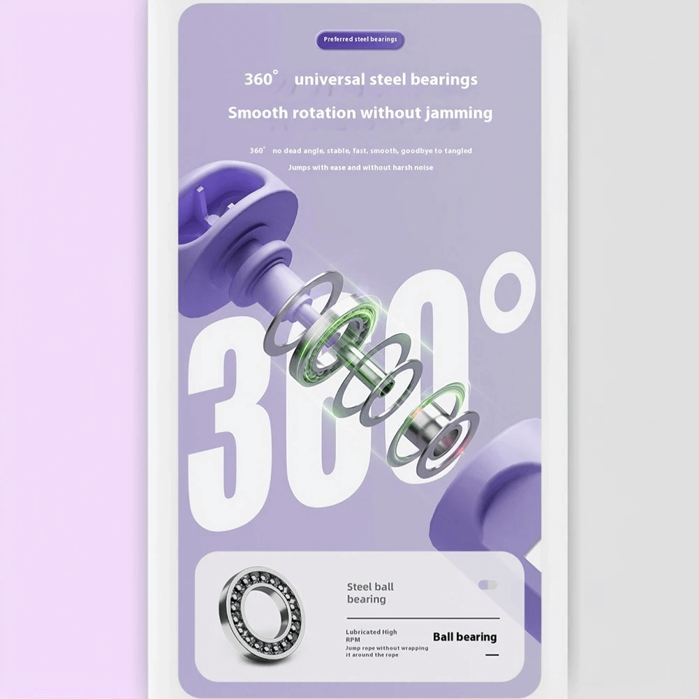 Close-up of jump rope handle with 360° universal steel bearings for smooth, tangle-free rotation, perfect for seamless cardio workouts.