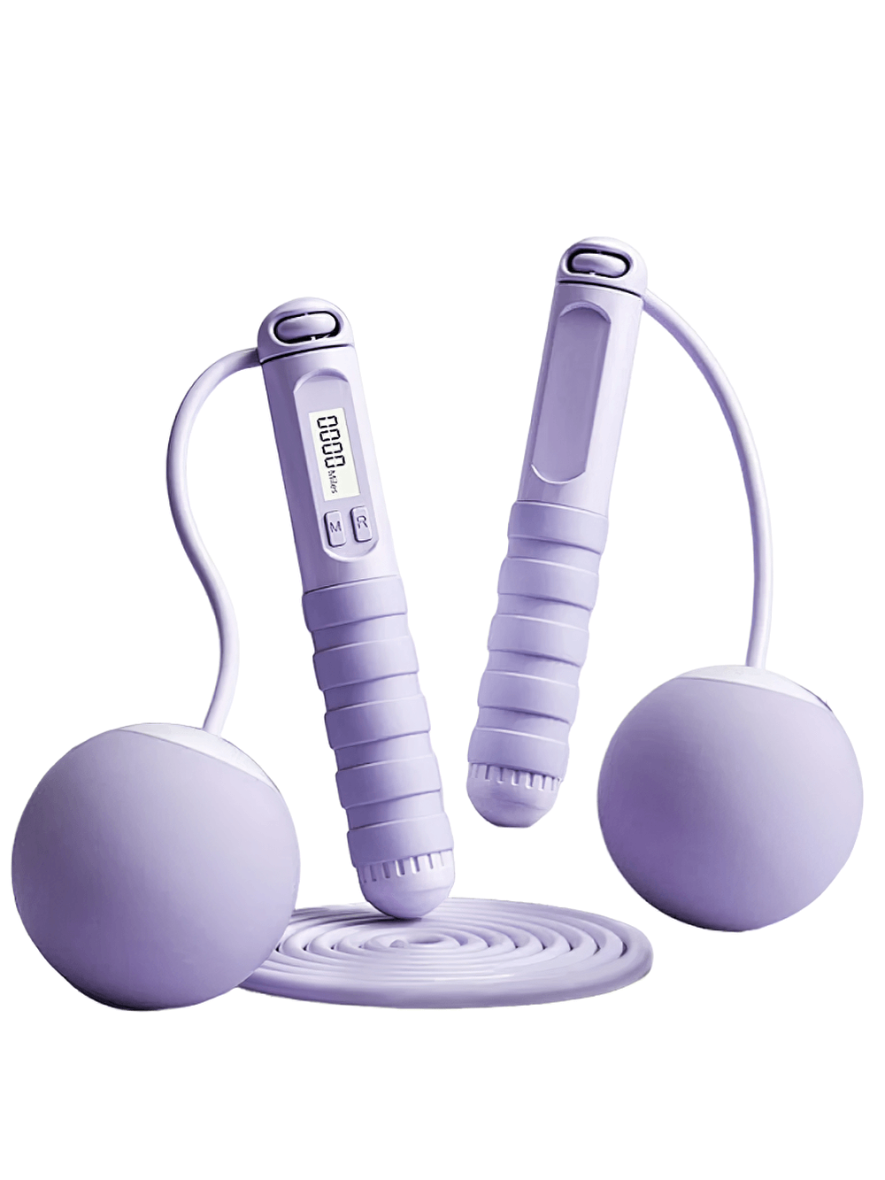 Cordless jump rope with calorie counter and ergonomic handles for indoor cardio fitness, purple design, model SF3195.