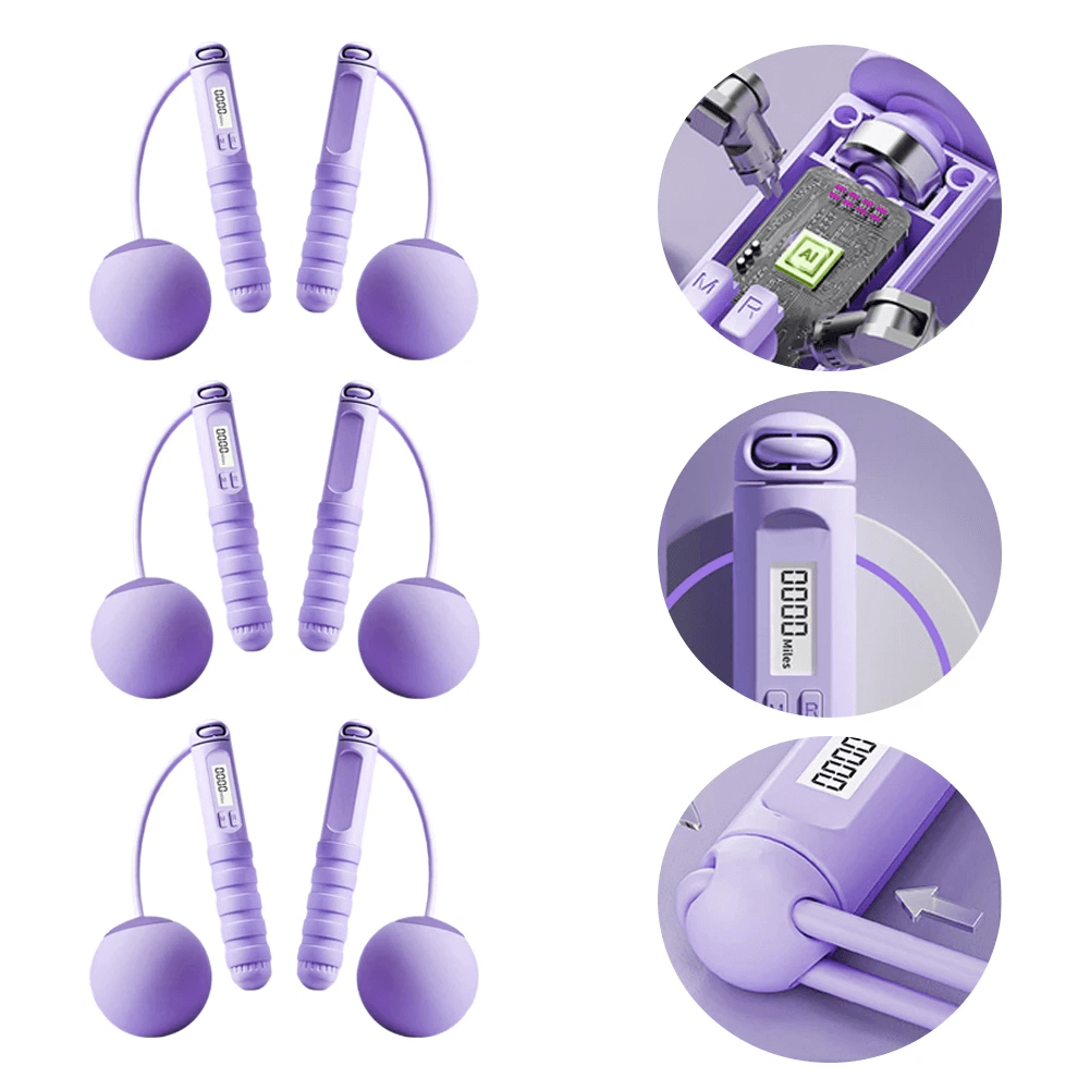 Purple cordless jump rope with calorie counter display, ergonomic handles, and tangle-free design, ideal for indoor fitness and travel.