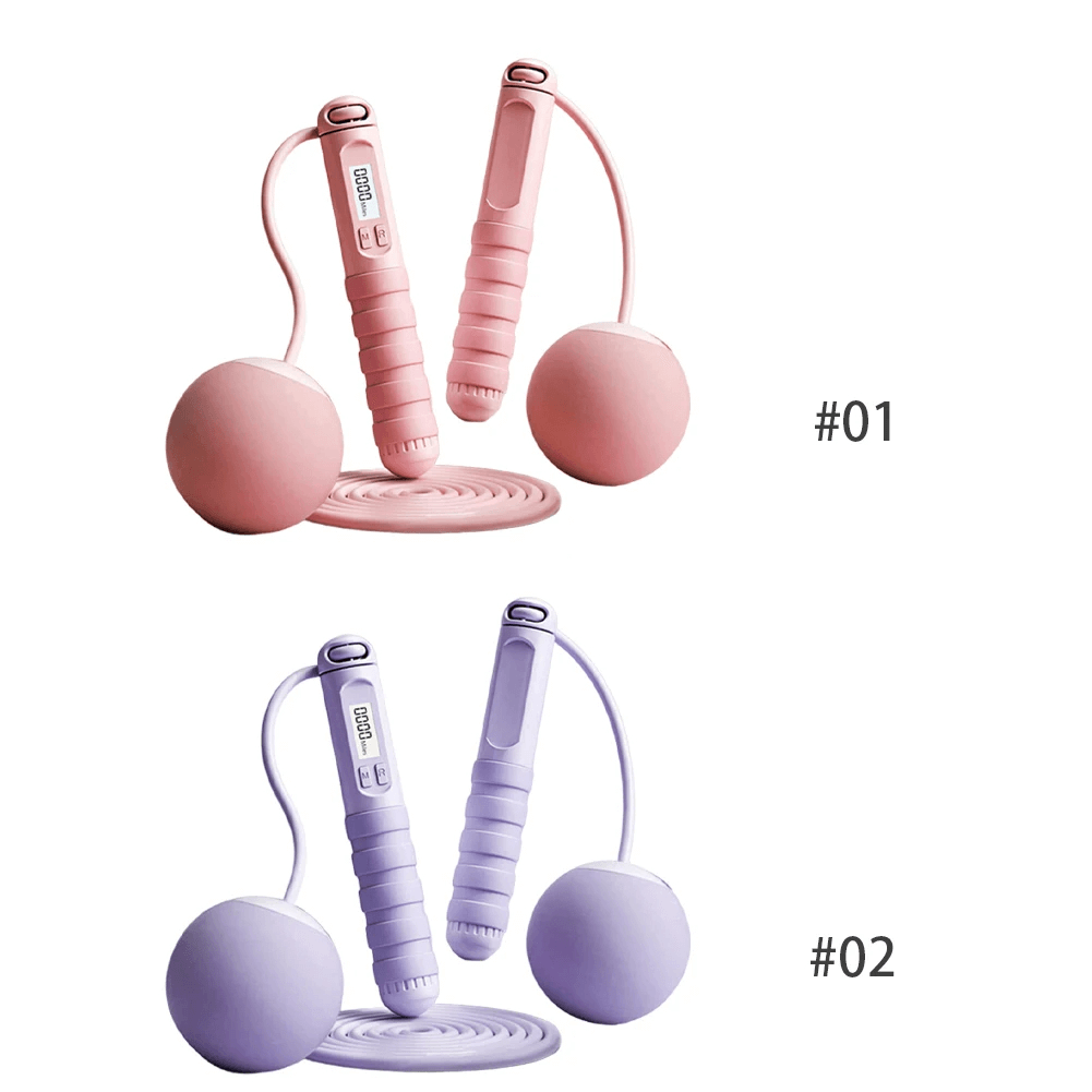 Pink and purple cordless jump ropes with calorie counter display, ergonomic handles, and weighted balls for indoor and outdoor workouts.