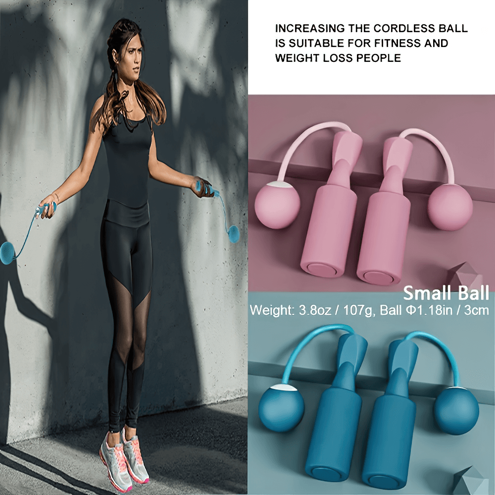 Woman using cordless jump rope for fitness; pink and blue models shown, ideal for cardio and weight loss.