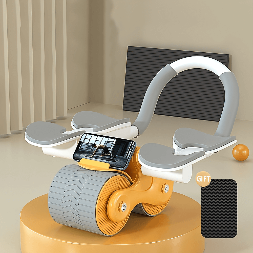 Core Trainer SF2803 with wide wheels and elbow pads for ab workouts, featuring a built-in phone holder for guided exercises.