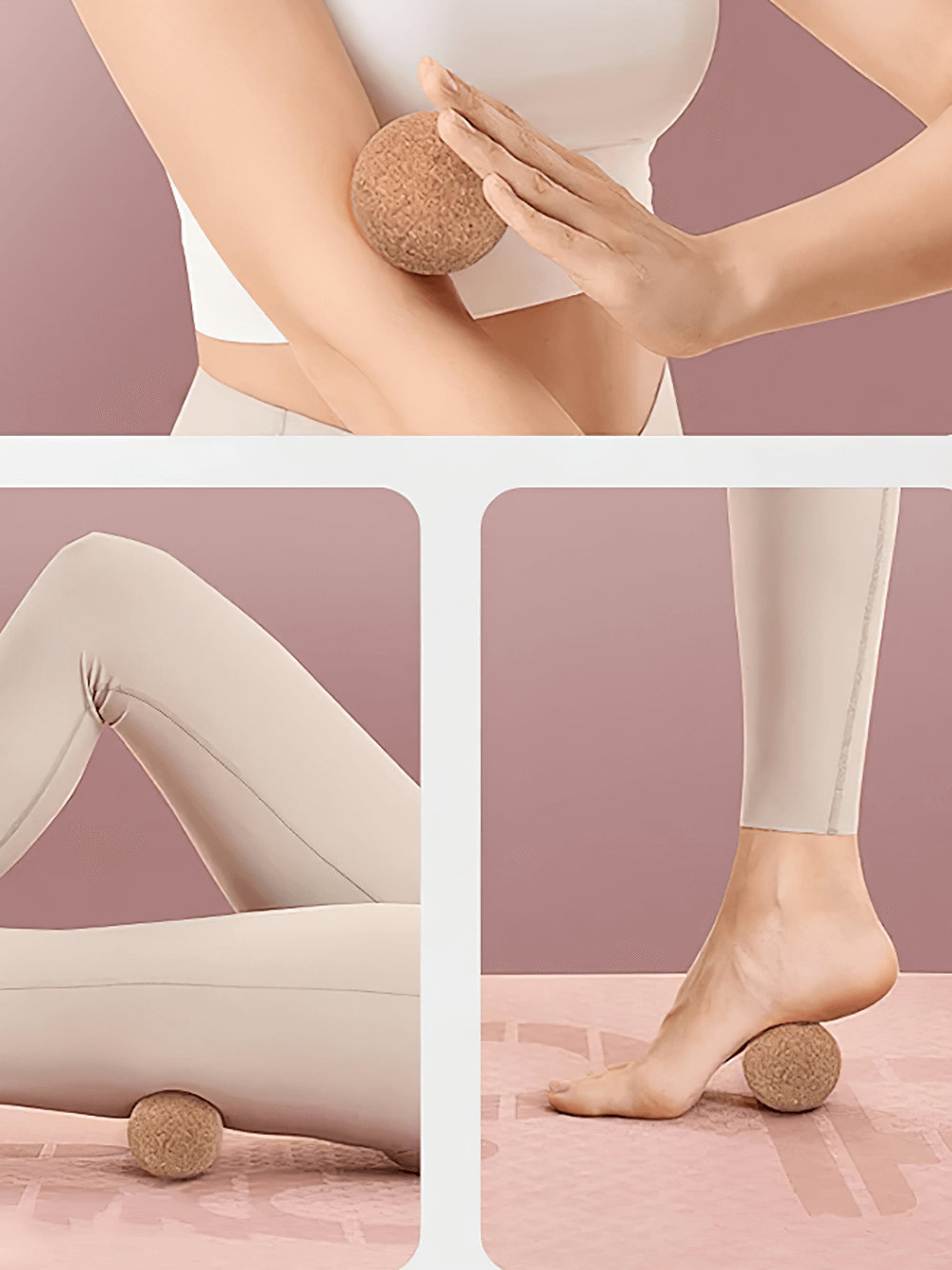 Woman using cork massage ball on arm, back, and foot for muscle tension relief and yoga practice.