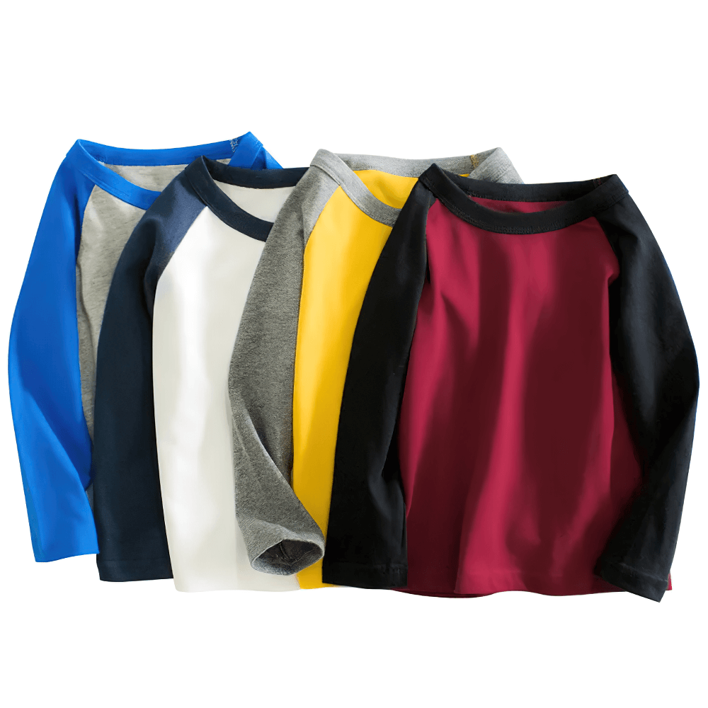 Colorful Cotton Long-Sleeved Raglan Top for Boys - SF3607 collection in blue, gray, yellow, and red, perfect for school and play.