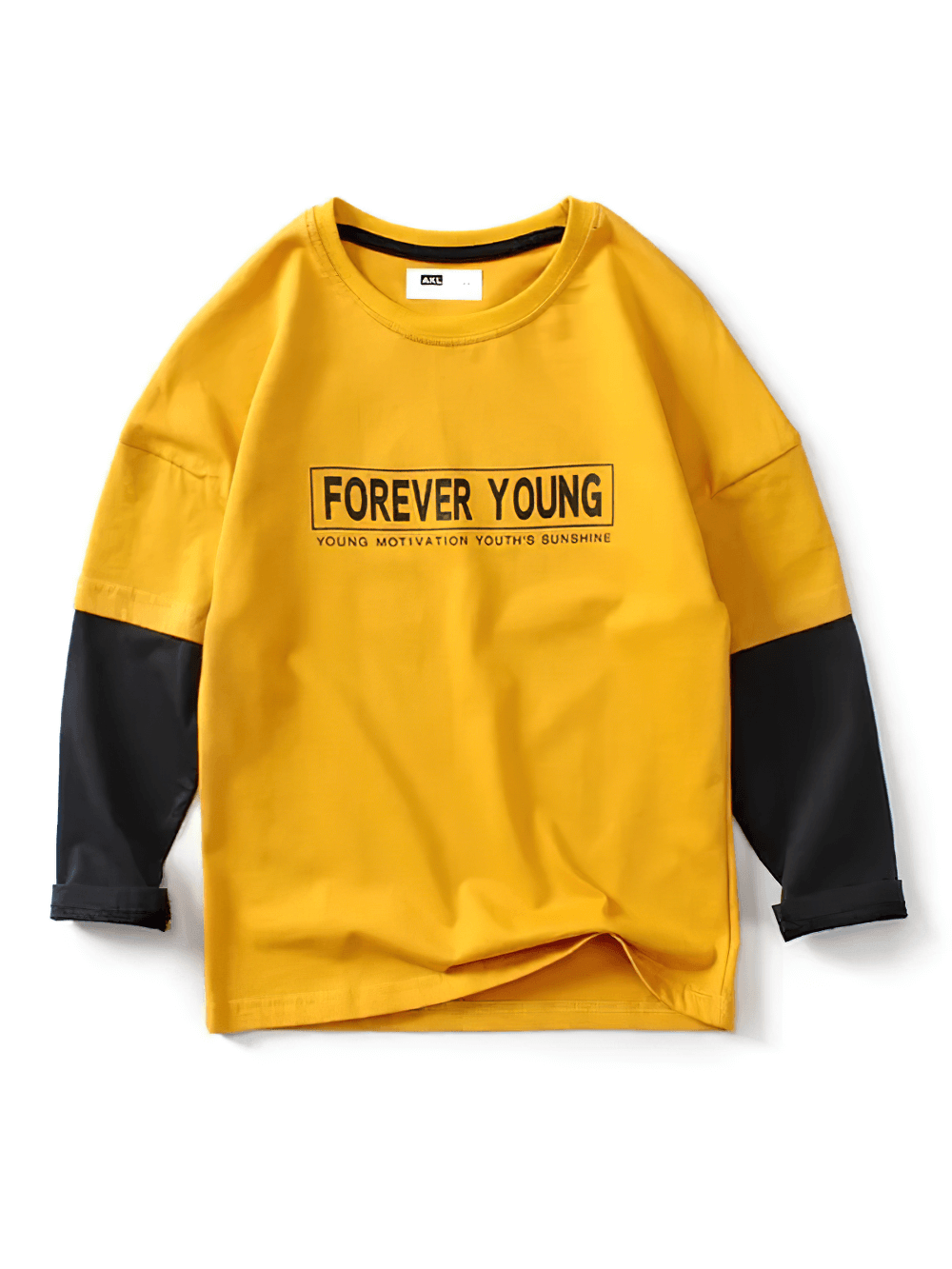 Yellow cotton long-sleeved top with black sleeves and 'Forever Young' motivational print for boys SF3098