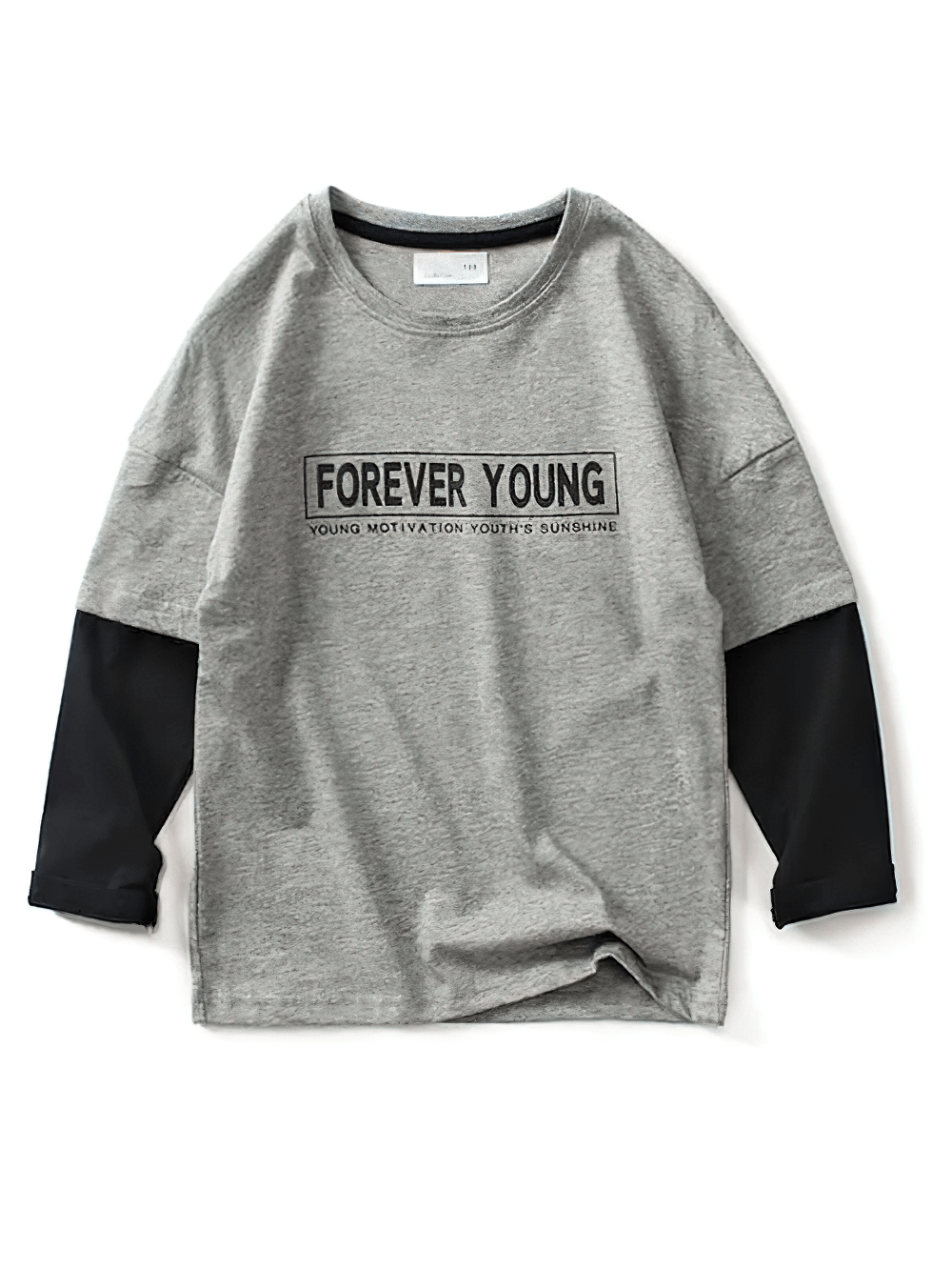 Cotton long-sleeve top with 'Forever Young' print, black sleeves, perfect for boys' wardrobes, SF3098.
