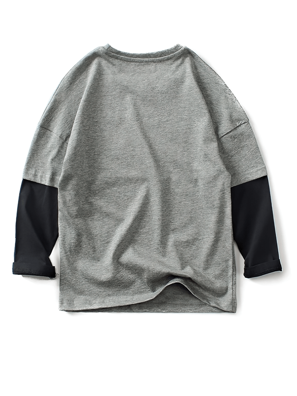 Back view of a boys' cotton long-sleeved top with contrasting sleeves and motivational print.