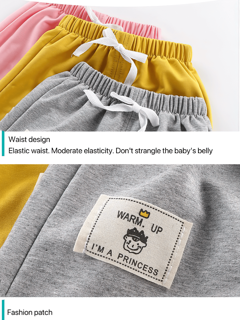 Cotton Shorts with Patch Detail and Pockets - SF3806 in pink, yellow, and grey, featuring elastic waist and fun patch design for toddlers