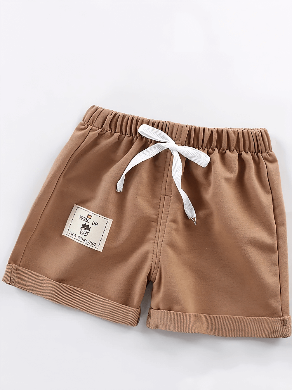 Cotton Shorts with Patch Detail and Pockets - SF3806 featuring elastic waistband, drawstring, and folded hem for toddlers.