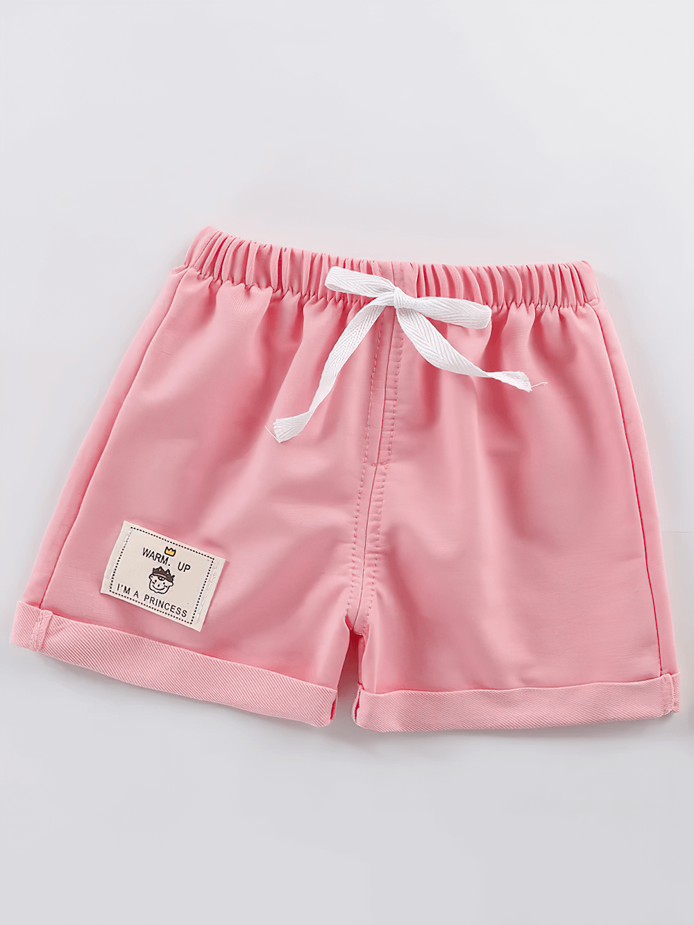Pink Cotton Shorts with Patch Detail and Pockets - SF3806 featuring folded hem and elastic waistband for toddlers.