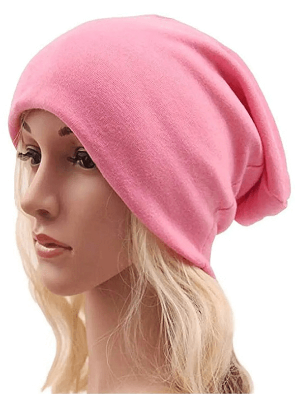 Pink cotton slouchy beanie for running and outdoor activities, unisex design, casual style, one size fits all, lightweight and warm.