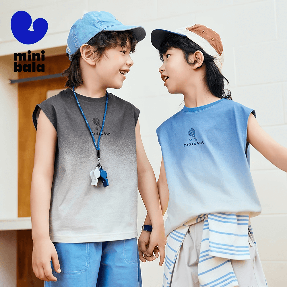 Kids wearing Cotton Tank Top with Tie-Dye Gradient Design - SF3684, smiling and holding hands, showcasing summer style and comfort.