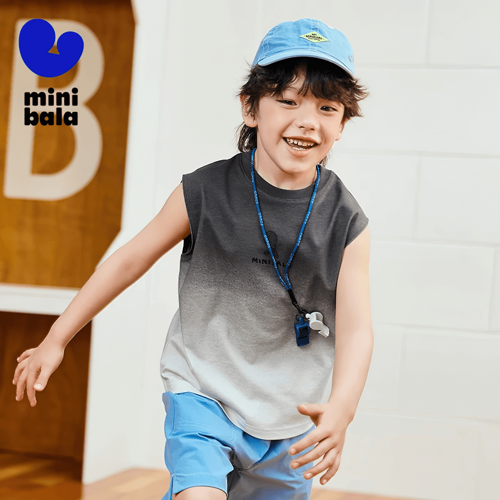 Smiling boy wearing a Cotton Tank Top with Tie-Dye Gradient Design - SF3684, running indoors, showcasing a vibrant, breathable style.