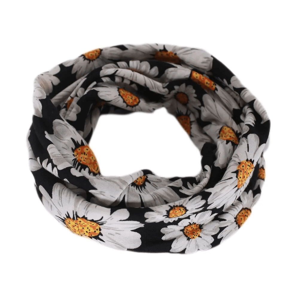 Cotton floral print dance hat scarf for girls in black with white flowers, SF1727. Perfect for keeping warm in casual settings.