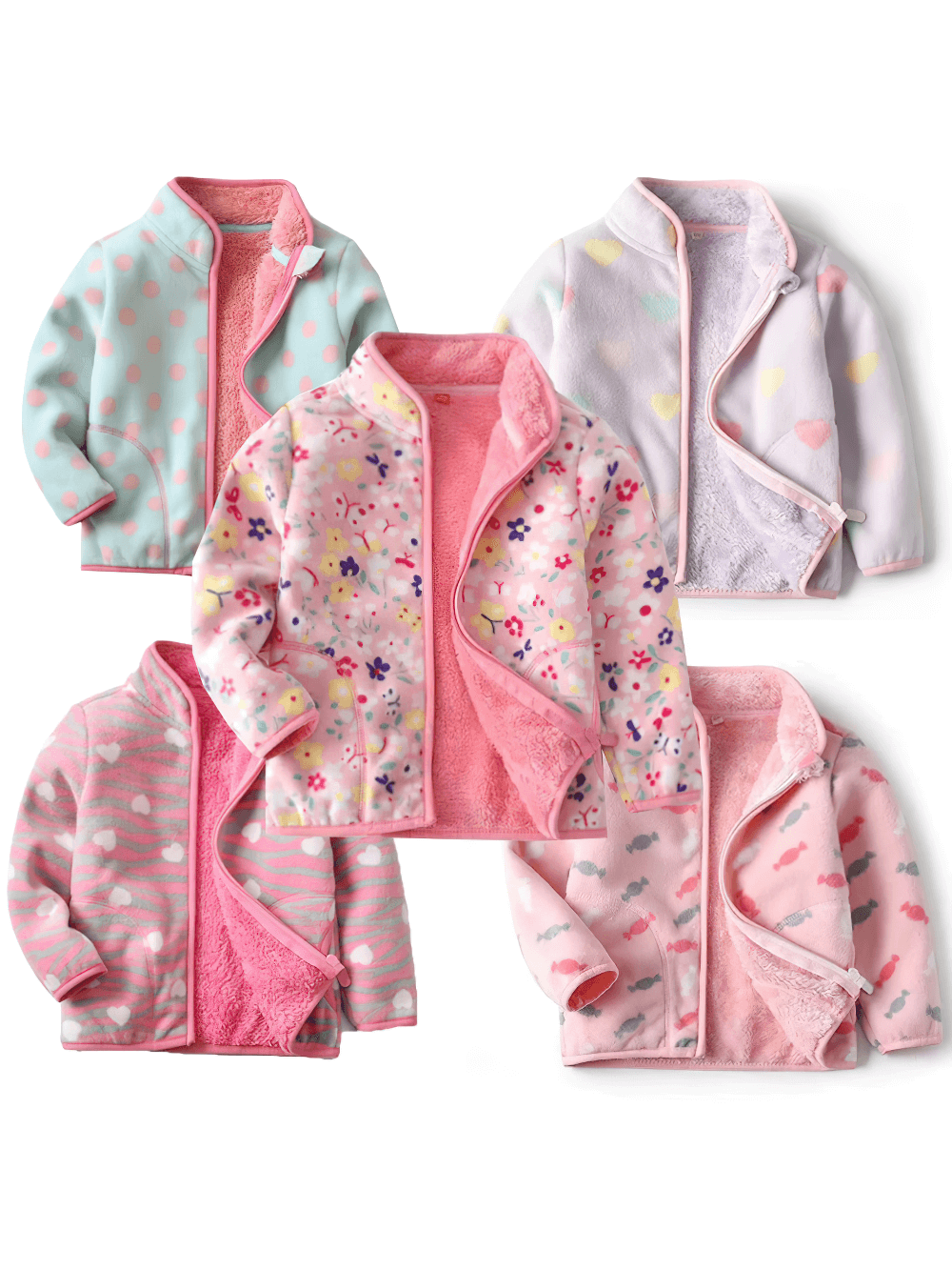 Colorful selection of Cozy Fleece Jacket with Stand Collar for Girls - SF3574, featuring floral and polka dot designs for winter warmth.