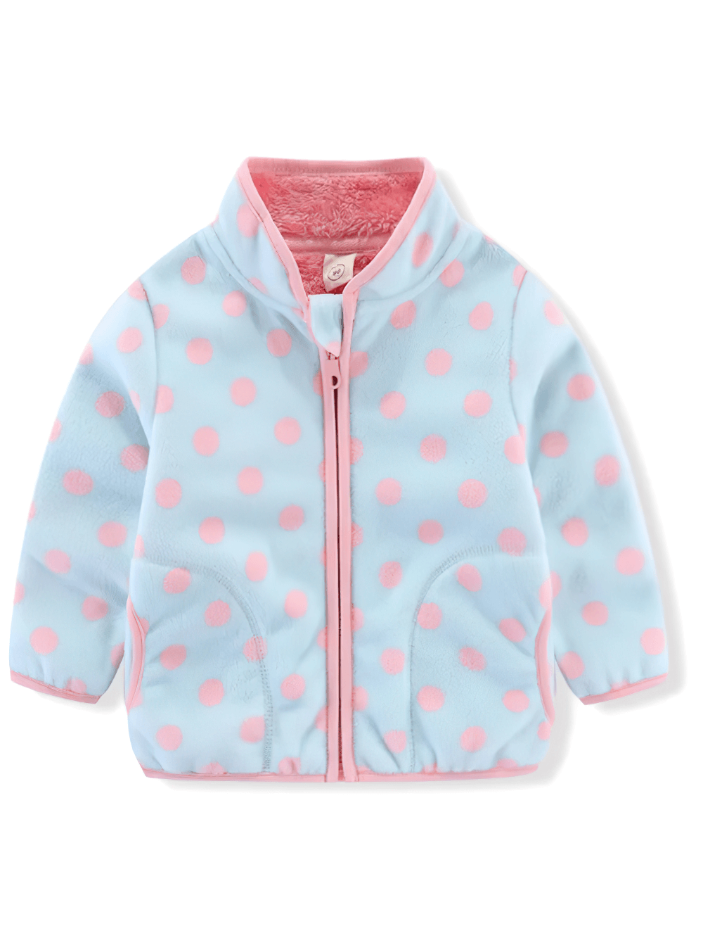 Cozy Fleece Jacket with Stand Collar for Girls - SF3574, blue and pink polka dot design, ideal winter coat for kids aged 2-6.