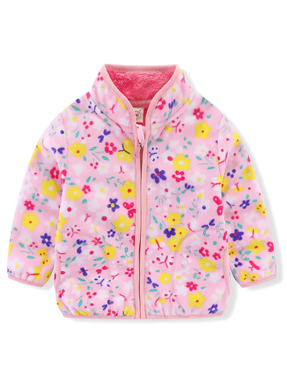 Cozy Fleece Jacket with Stand Collar for Girls - SF3574, vibrant floral print, warm winter coat for children, pink background, zip-up front