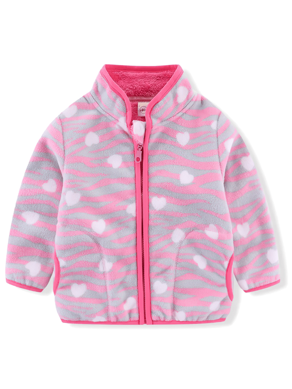 Cozy Fleece Jacket with Stand Collar for Girls - SF3574, pink and grey heart print design, perfect winter coat for children ages 2-6