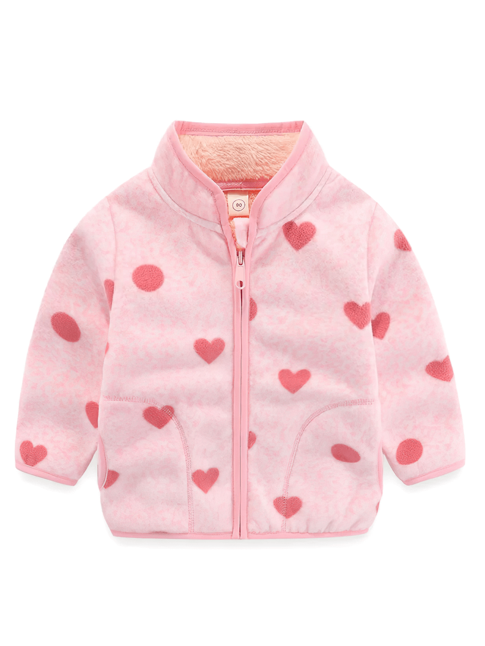 Cozy Fleece Jacket with Stand Collar for Girls - SF3574, pink fleece jacket with heart pattern, ideal winter coat for girls aged 2-6.