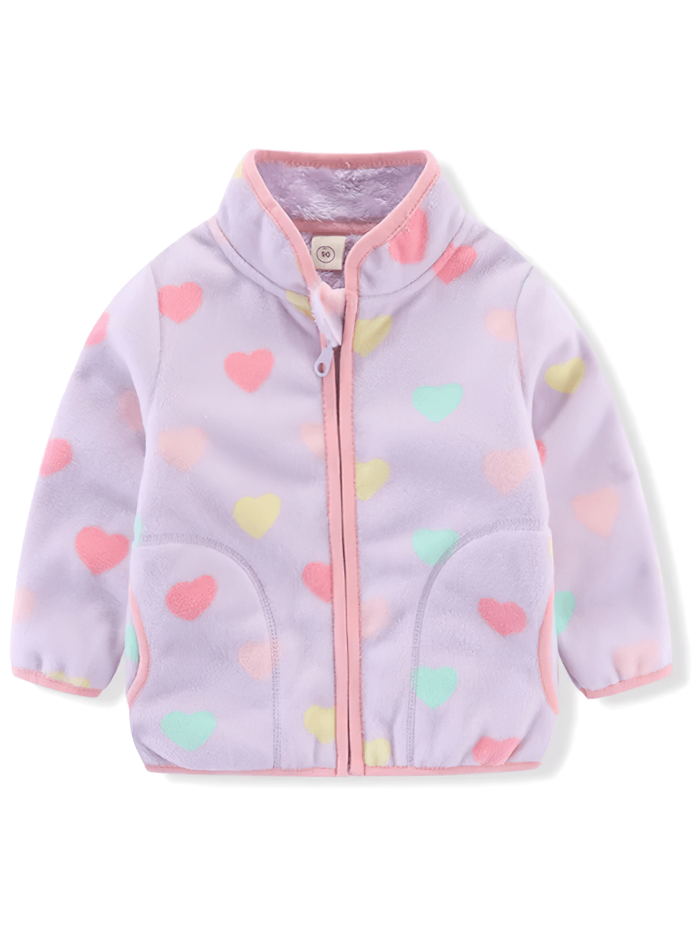 Cute heart-patterned cozy fleece jacket for girls with stand collar - SF3574, perfect for winter warmth and style.